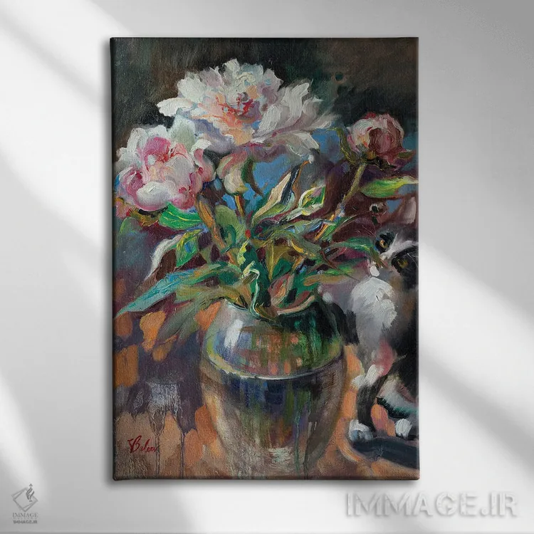 تابلو دکوراتیو دسته گل گل صدتومانی صورتی اثر کاتارینا والوا - نمای روبهرو روی دیوار