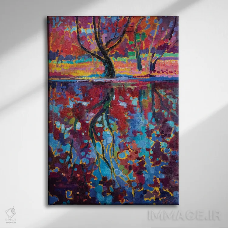 تابلو دکوراتیو منظره پاییزی با انعکاس اثر کاتارینا والوا - نمای روبهرو روی دیوار