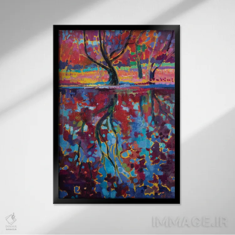 تابلو دکوراتیو منظره پاییزی با انعکاس اثر کاتارینا والوا - نمای قابدار مشکی