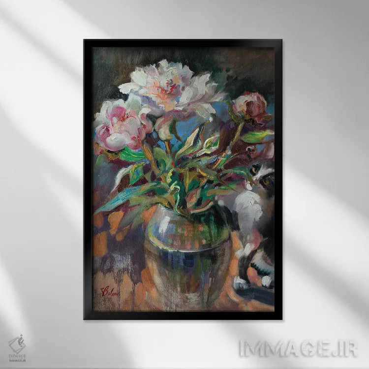 تابلو دکوراتیو دسته گل گل صدتومانی صورتی اثر کاتارینا والوا - نمای قابدار مشکی