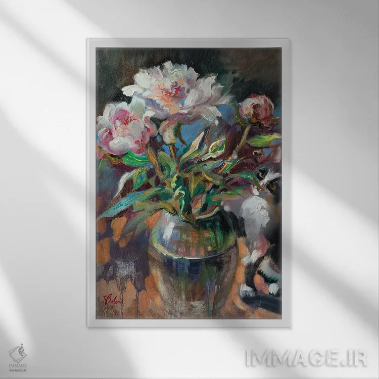 تابلو دکوراتیو دسته گل گل صدتومانی صورتی اثر کاتارینا والوا - نمای قابدار سفید