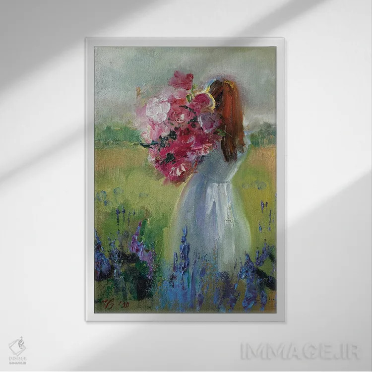 تابلو دکوراتیو دختر با گل ها اثر کاتارینا والوا - نمای قابدار سفید