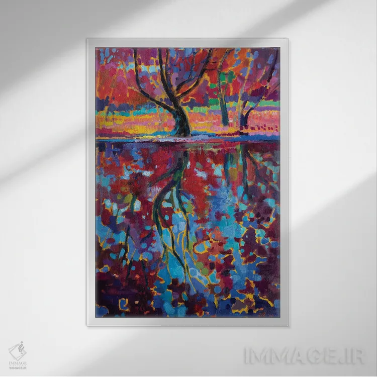 تابلو دکوراتیو منظره پاییزی با انعکاس اثر کاتارینا والوا - نمای قابدار سفید