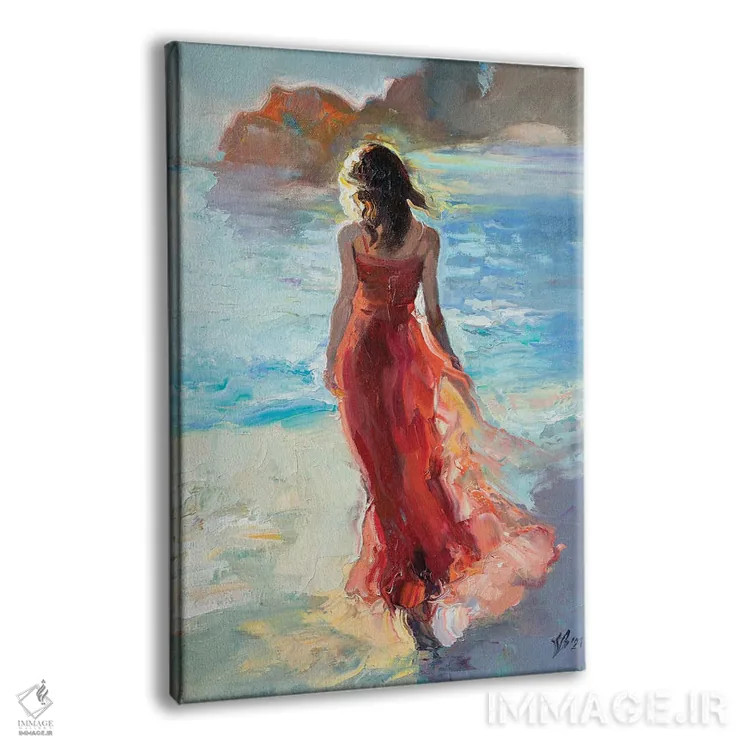 تابلو دکوراتیو دختر با لباس قرمز کنار دریا اثر کاتارینا والوا - نمای پرسپکتیو محصول