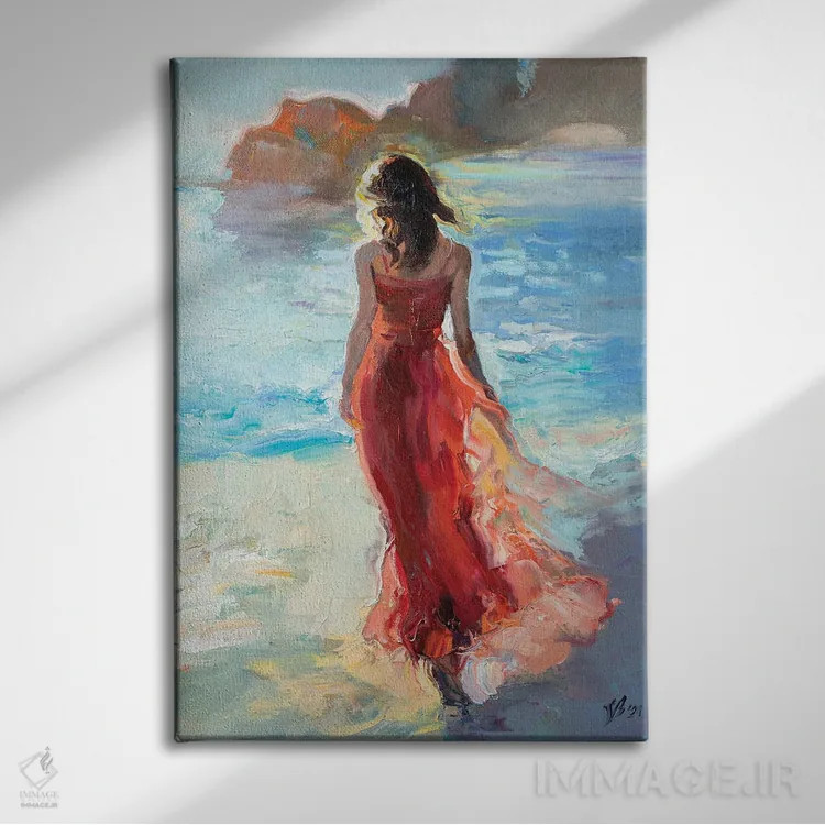 تابلو دکوراتیو دختر با لباس قرمز کنار دریا اثر کاتارینا والوا - نمای روبهرو روی دیوار