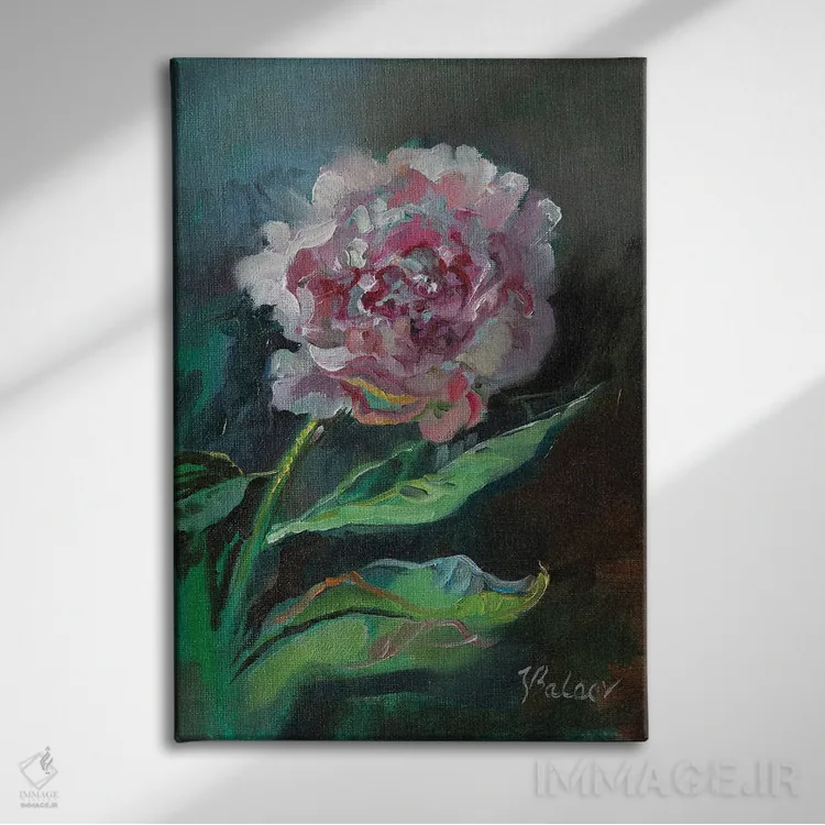 تابلو دکوراتیو گل صدتومانی صورتی اثر کاتارینا والوا - نمای روبهرو روی دیوار