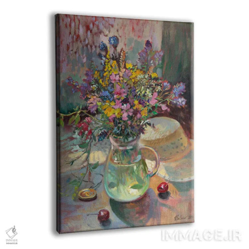 تابلو دکوراتیو دسته گل چمنی و کلاه حصیری اثر کاتارینا والوا - نمای پرسپکتیو محصول
