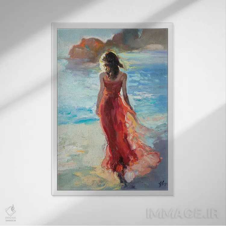 تابلو دکوراتیو دختر با لباس قرمز کنار دریا اثر کاتارینا والوا - نمای قابدار سفید