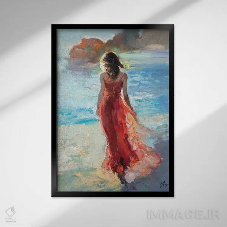 تابلو دکوراتیو دختر با لباس قرمز کنار دریا اثر کاتارینا والوا - نمای قابدار مشکی