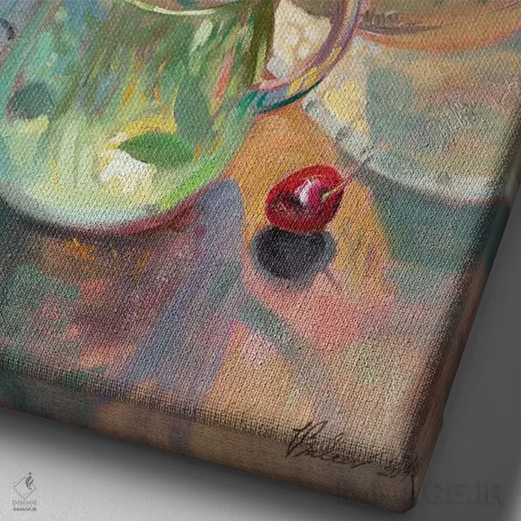 تابلو دکوراتیو دسته گل چمنی و کلاه حصیری اثر کاتارینا والوا - نمای نزدیک بافت بوم