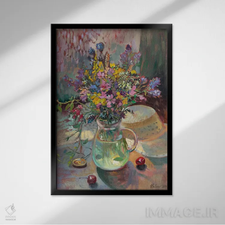 تابلو دکوراتیو دسته گل چمنی و کلاه حصیری اثر کاتارینا والوا - نمای قابدار مشکی