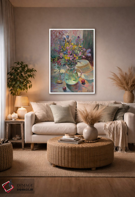 تابلو دکوراتیو دسته گل چمنی و کلاه حصیری اثر کاتارینا والوا - D4W