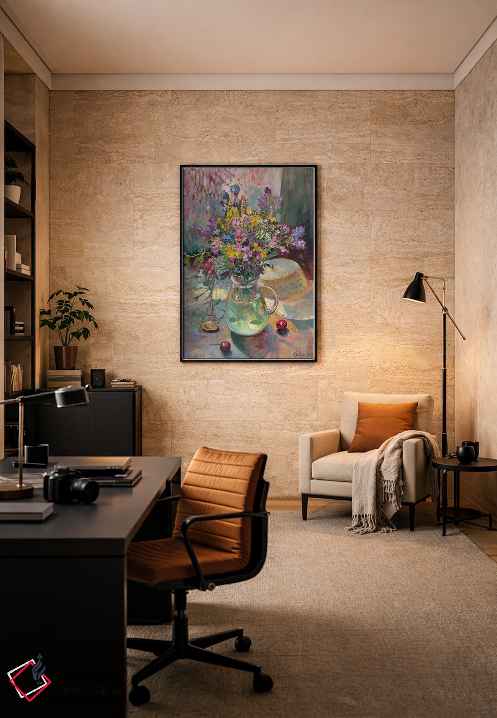 تابلو دکوراتیو دسته گل چمنی و کلاه حصیری اثر کاتارینا والوا - D6B