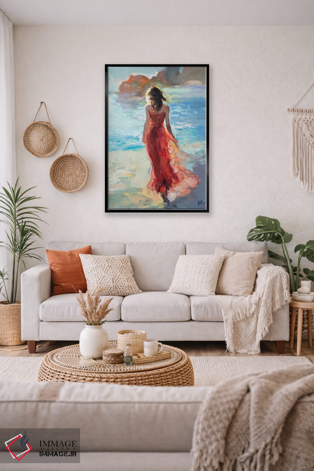 تابلو دکوراتیو دختر با لباس قرمز کنار دریا اثر کاتارینا والوا - D4B