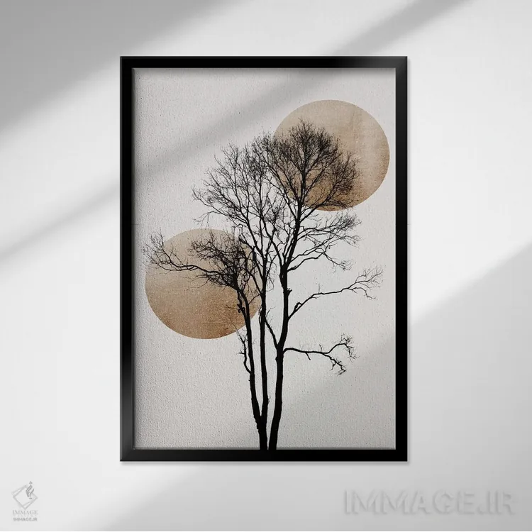 تابلو مینیمال خورشید و ماه پنهان - طلایی اثر کوبیستیکا - نمای قابدار مشکی