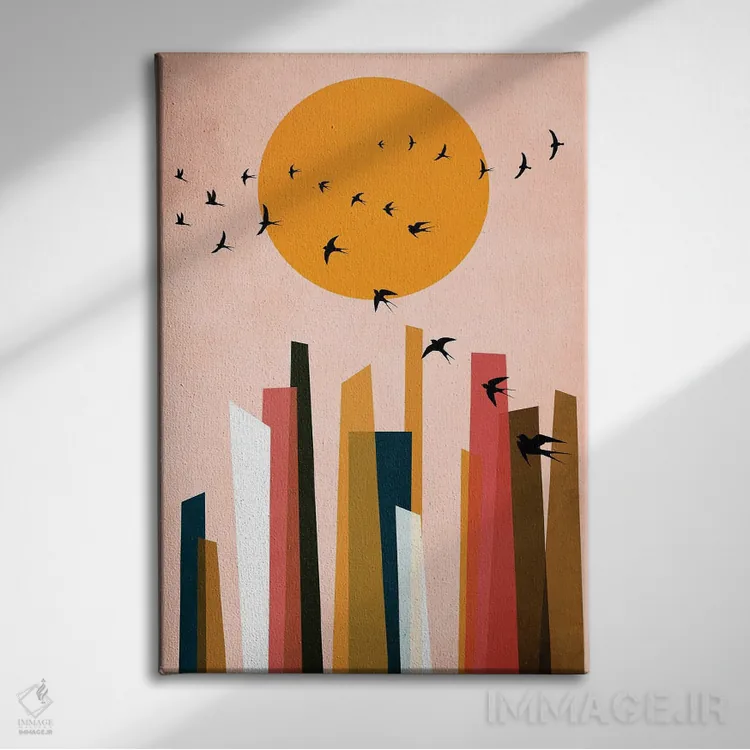 تابلو مینیمال پرندگان رقصان اثر کوبیستیکا - نمای روبهرو روی دیوار