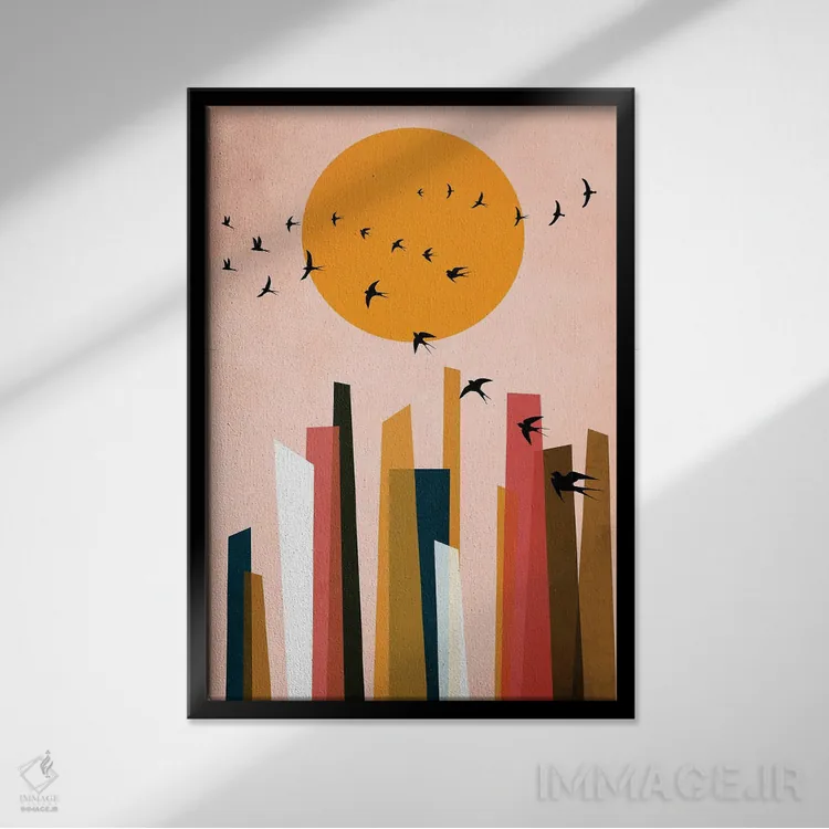 تابلو مینیمال پرندگان رقصان اثر کوبیستیکا - نمای قابدار مشکی