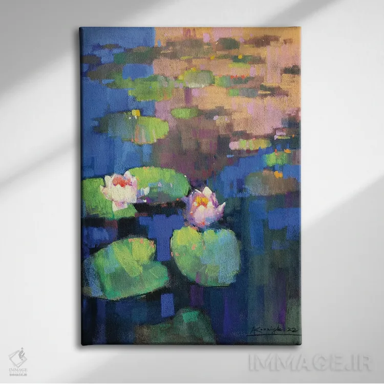 تابلو انتزاعی نیلوفرهای آبی اثر اندریی کووالیک - نمای روبهرو روی دیوار