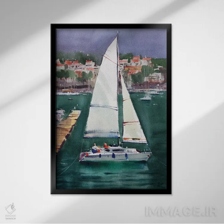 تابلو دکوراتیو قایق های بادبانی در یونان اثر اندریی کووالیک - نمای قابدار مشکی