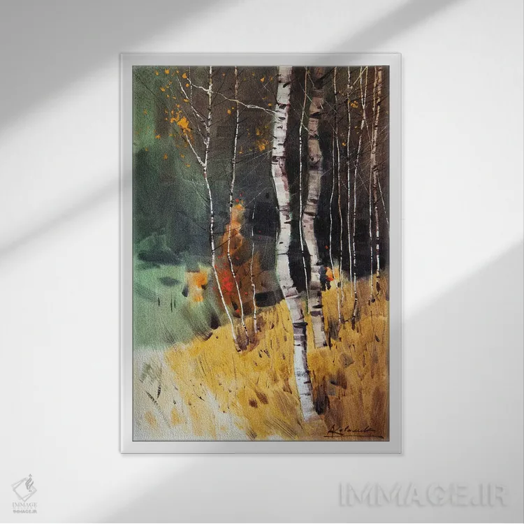 تابلو انتزاعی منظره پاییزی با درختان توس اثر اندریی کووالیک - نمای قابدار سفید