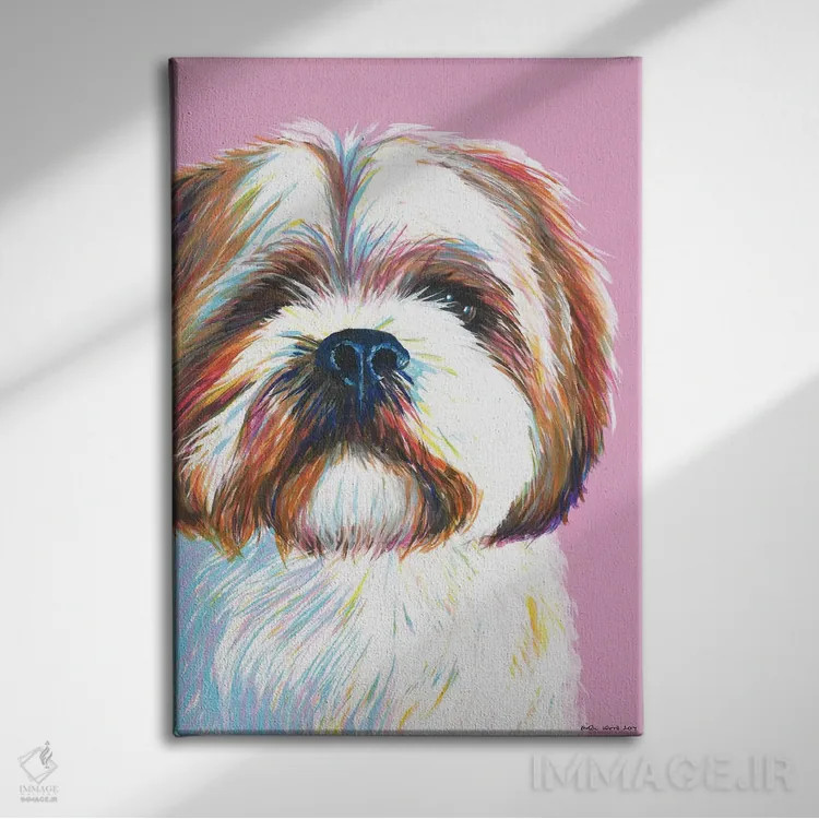 تابلو دکوراتیو شیتزو روی زمینه صورتی اثر کیرستین وود - نمای روبهرو روی دیوار