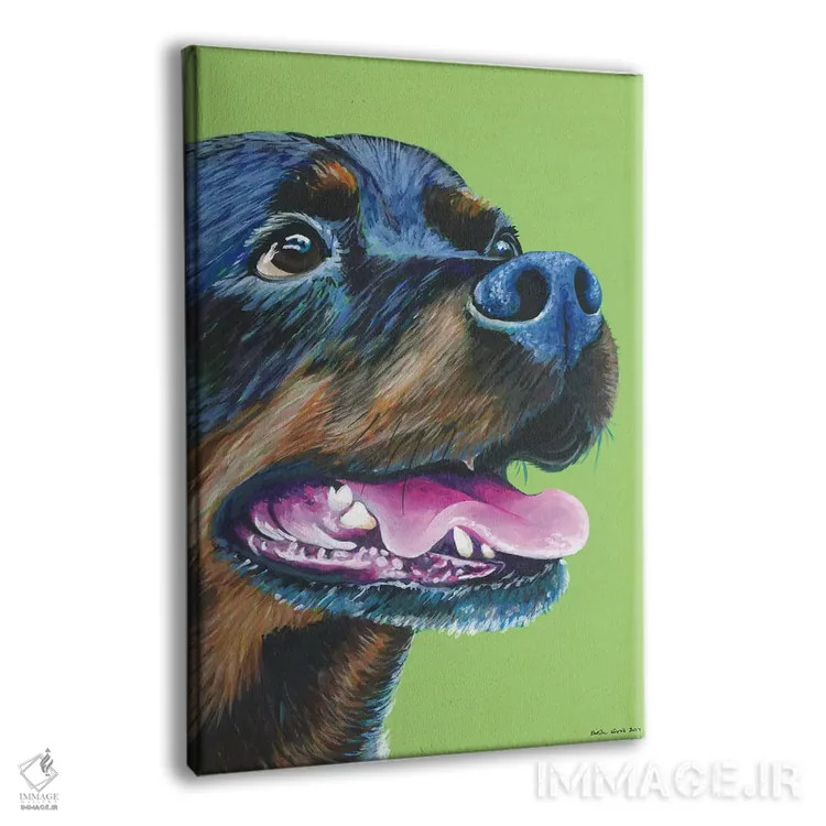 تابلو دکوراتیو روتوایلر روی زمینه سبز لیمویی اثر کیرستین وود - نمای پرسپکتیو محصول