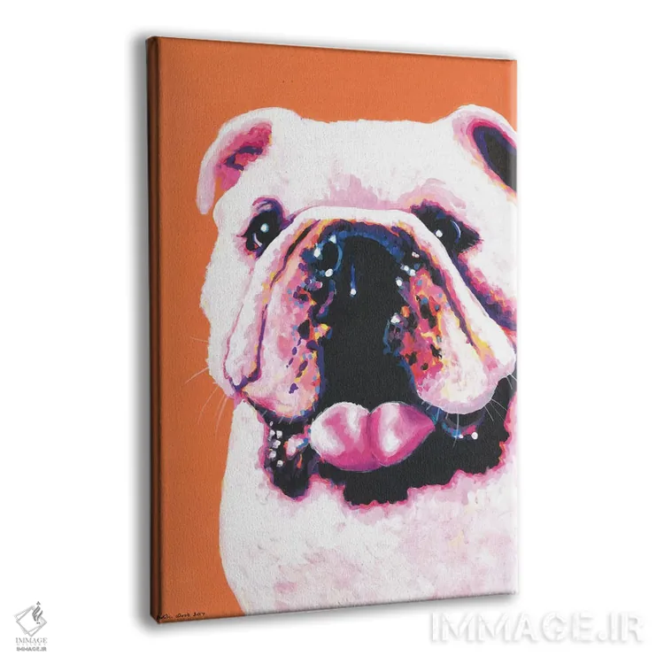 تابلو دکوراتیو بولداگ روی زمینه نارنجی اثر کیرستین وود - نمای پرسپکتیو محصول