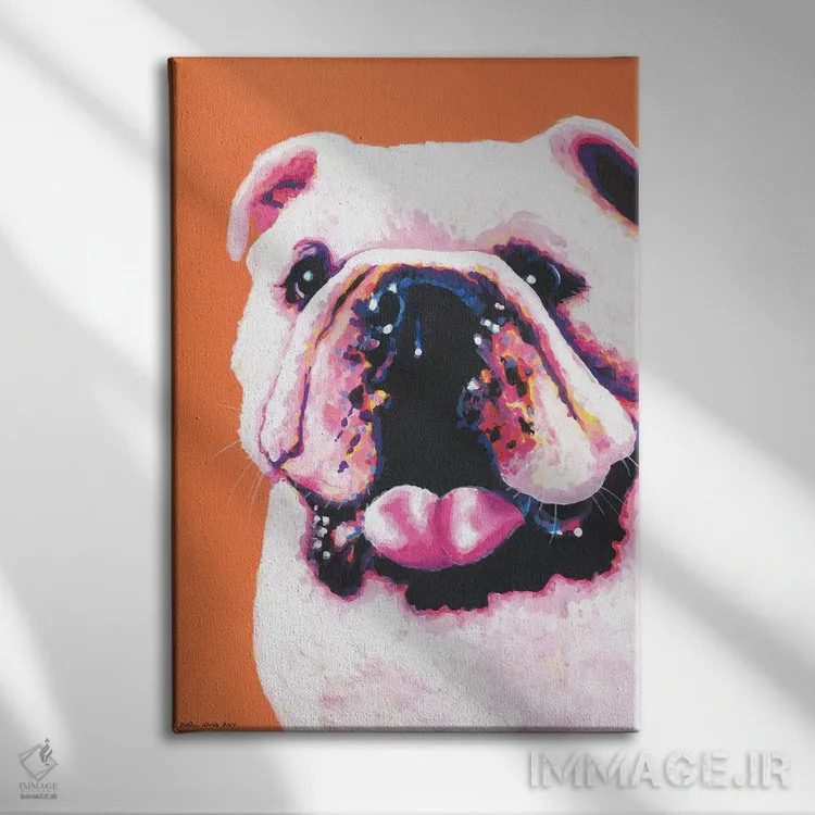 تابلو دکوراتیو بولداگ روی زمینه نارنجی اثر کیرستین وود - نمای روبهرو روی دیوار