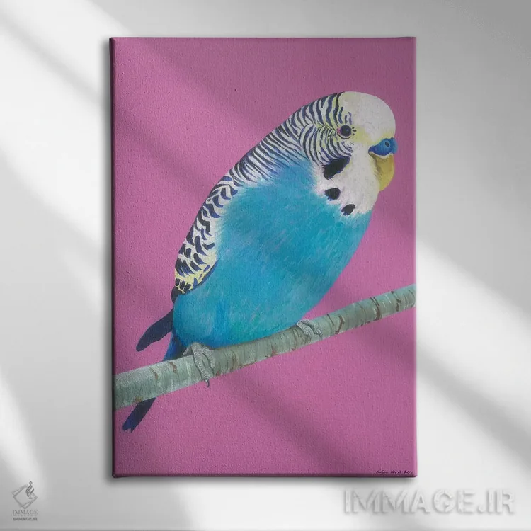 تابلو دکوراتیو مرغ عشق آبی اثر کیرستین وود - نمای روبهرو روی دیوار