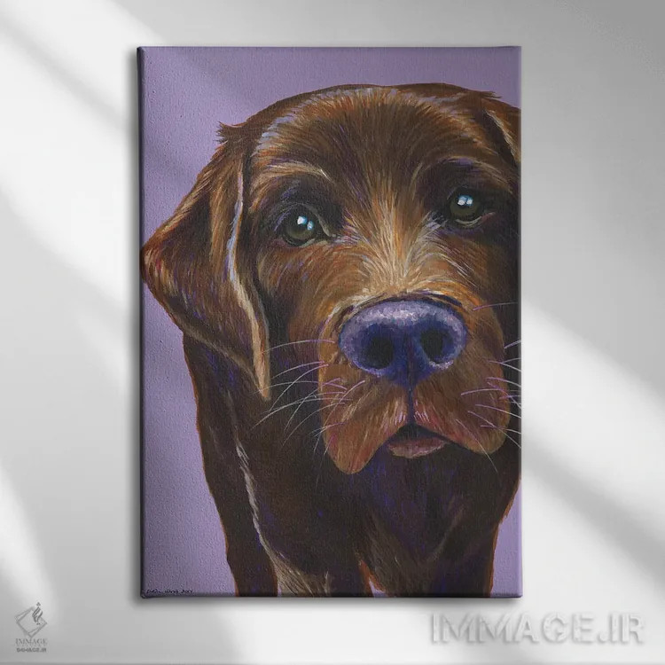 تابلو دکوراتیو لابرادور قهوه ای روی زمینه یاسی اثر کیرستین وود - نمای روبهرو روی دیوار