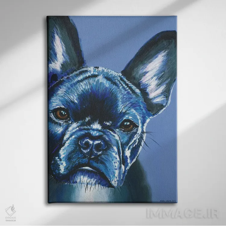 تابلو دکوراتیو فرنچ بولداگ روی زمینه آبی اثر کیرستین وود - نمای روبهرو روی دیوار