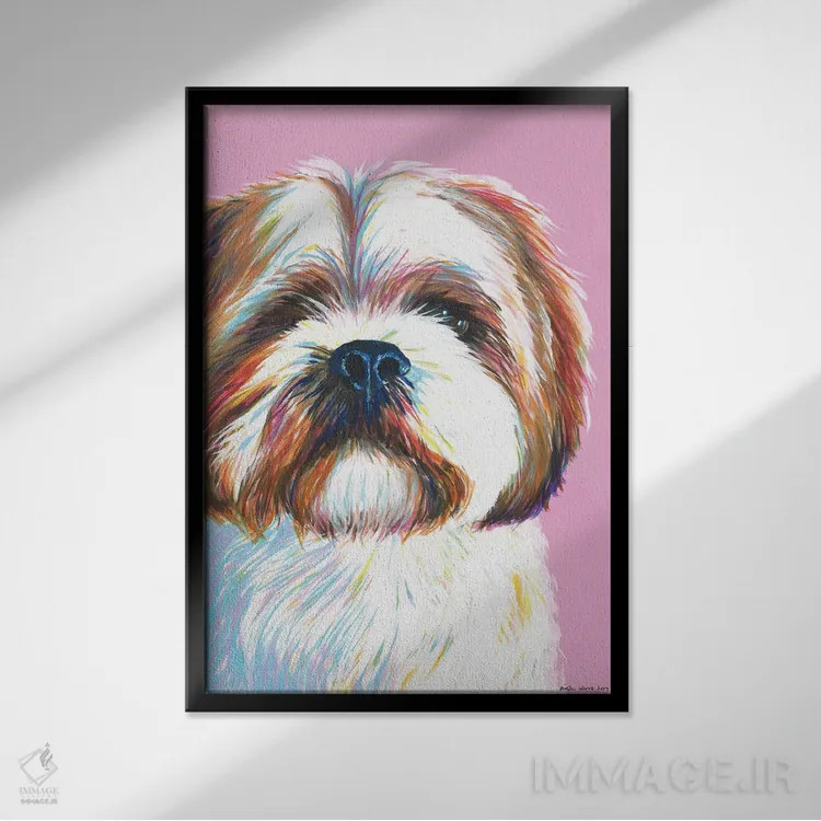 تابلو دکوراتیو شیتزو روی زمینه صورتی اثر کیرستین وود - نمای قابدار مشکی