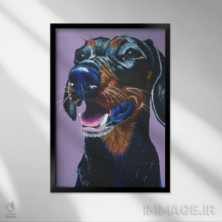 تابلو دکوراتیو داشهوند روی زمینه یاسی اثر کیرستین وود - نمای قابدار مشکی