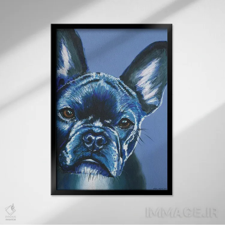 تابلو دکوراتیو فرنچ بولداگ روی زمینه آبی اثر کیرستین وود - نمای قابدار مشکی