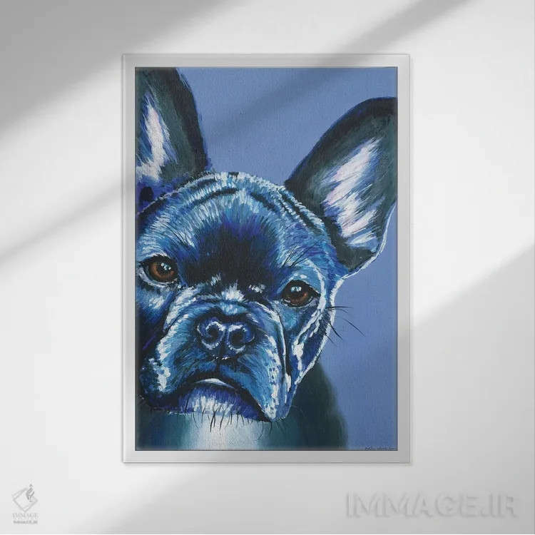 تابلو دکوراتیو فرنچ بولداگ روی زمینه آبی اثر کیرستین وود - نمای قابدار سفید