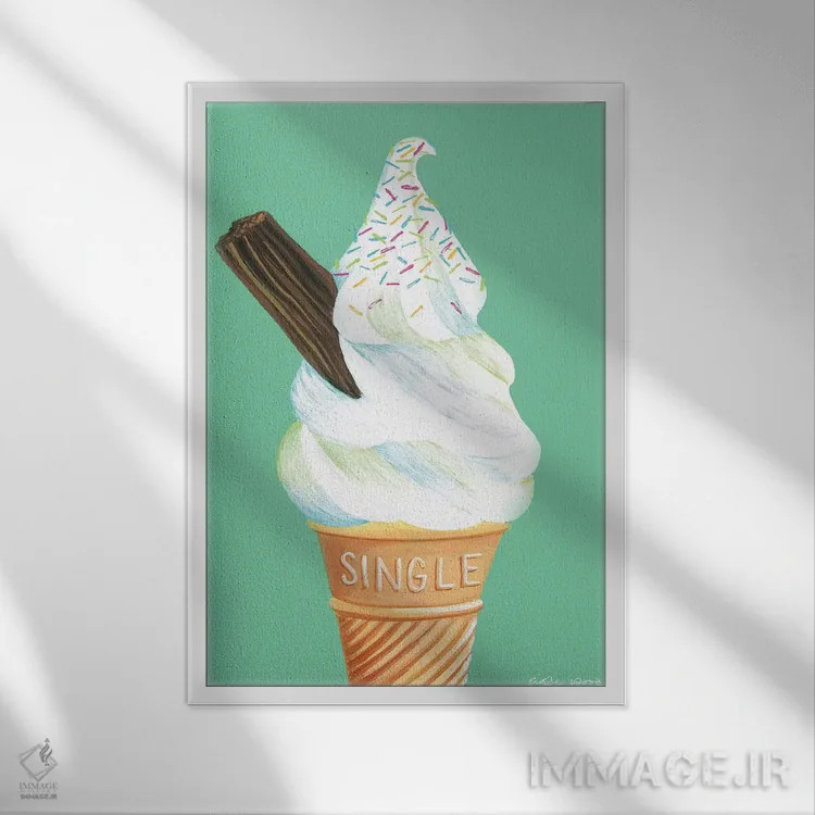 تابلو دکوراتیو بستنی روی زمینه سبز نعنایی اثر کیرستین وود - نمای قابدار سفید