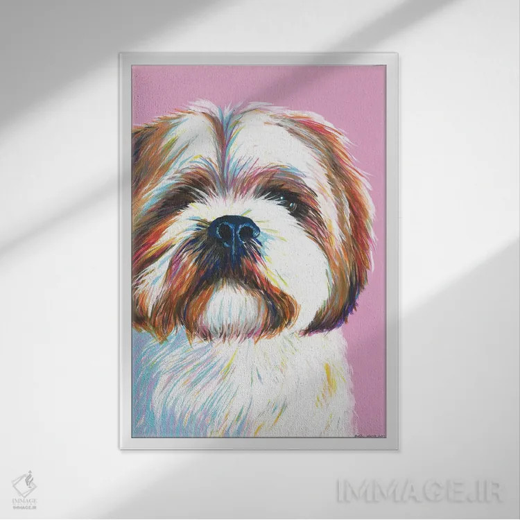 تابلو دکوراتیو شیتزو روی زمینه صورتی اثر کیرستین وود - نمای قابدار سفید