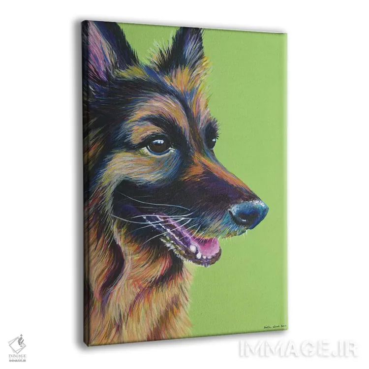 تابلو دکوراتیو ژرمن شپرد روی زمینه سبز لیمویی اثر کیرستین وود - نمای پرسپکتیو محصول