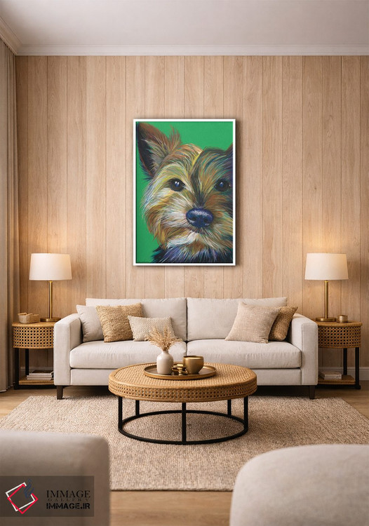 تابلو دکوراتیو یورکشایر تریر روی زمینه زمردی اثر کیرستین وود - D1W