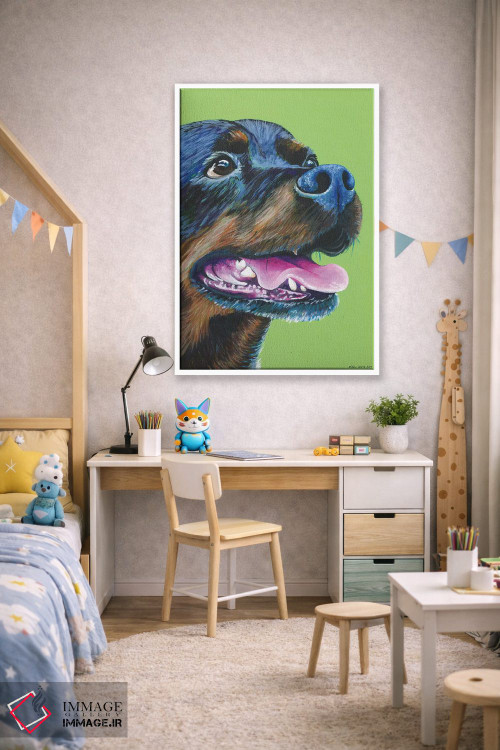 تابلو دکوراتیو روتوایلر روی زمینه سبز لیمویی اثر کیرستین وود - D1W