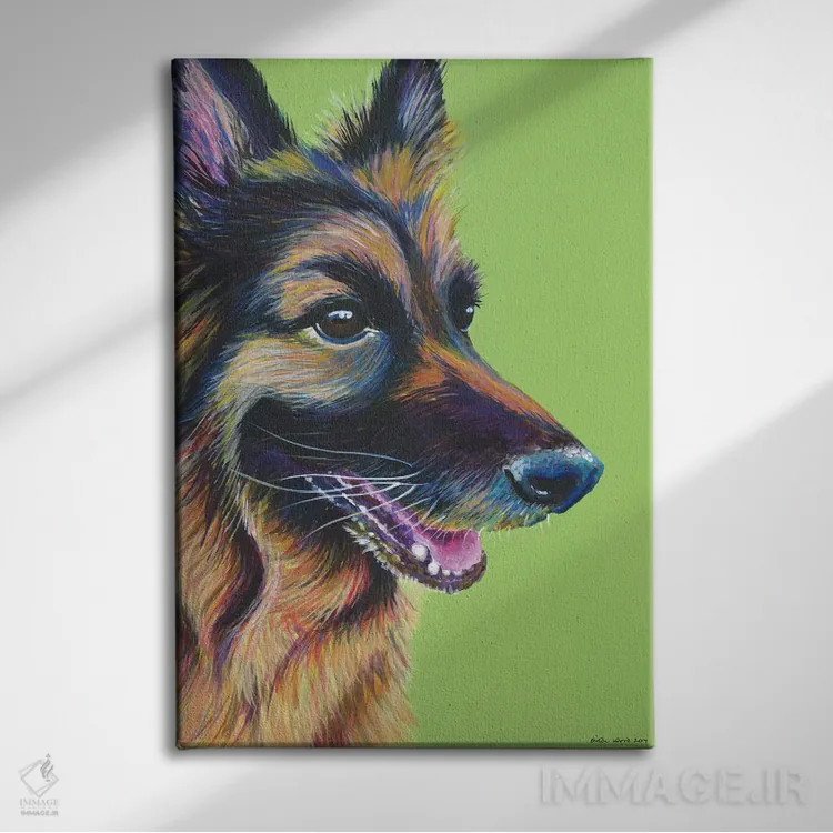 تابلو دکوراتیو ژرمن شپرد روی زمینه سبز لیمویی اثر کیرستین وود - نمای روبهرو روی دیوار