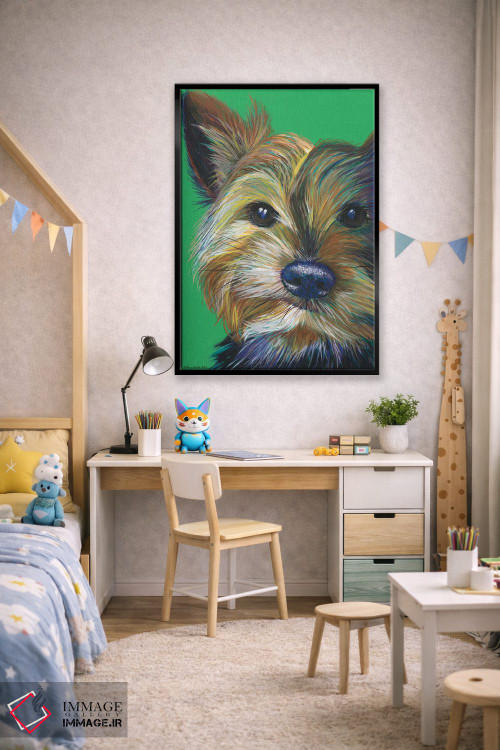 تابلو دکوراتیو یورکشایر تریر روی زمینه زمردی اثر کیرستین وود - D2B