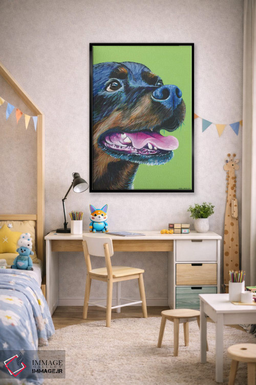 تابلو دکوراتیو روتوایلر روی زمینه سبز لیمویی اثر کیرستین وود - D2B