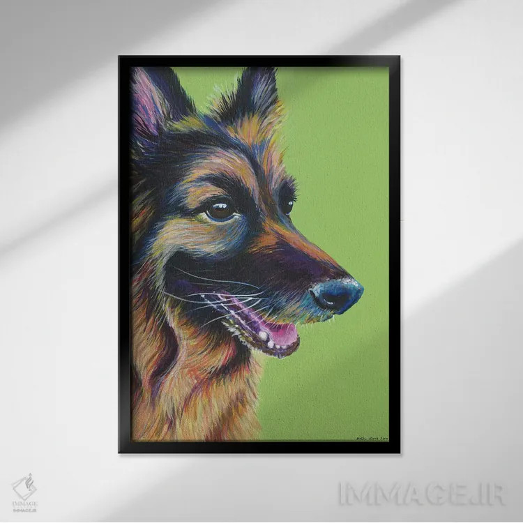 تابلو دکوراتیو ژرمن شپرد روی زمینه سبز لیمویی اثر کیرستین وود - نمای قابدار مشکی