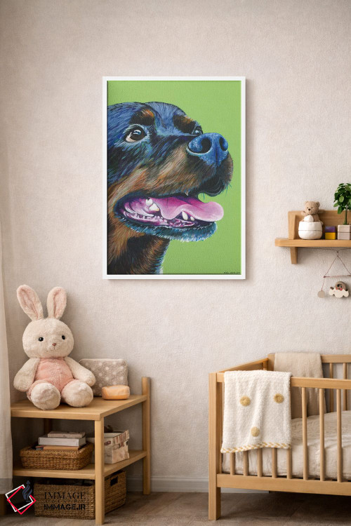 تابلو دکوراتیو روتوایلر روی زمینه سبز لیمویی اثر کیرستین وود - D3W