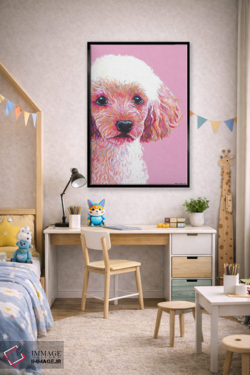 تابلو دکوراتیو پودل روی زمینه صورتی اثر کیرستین وود - D2B