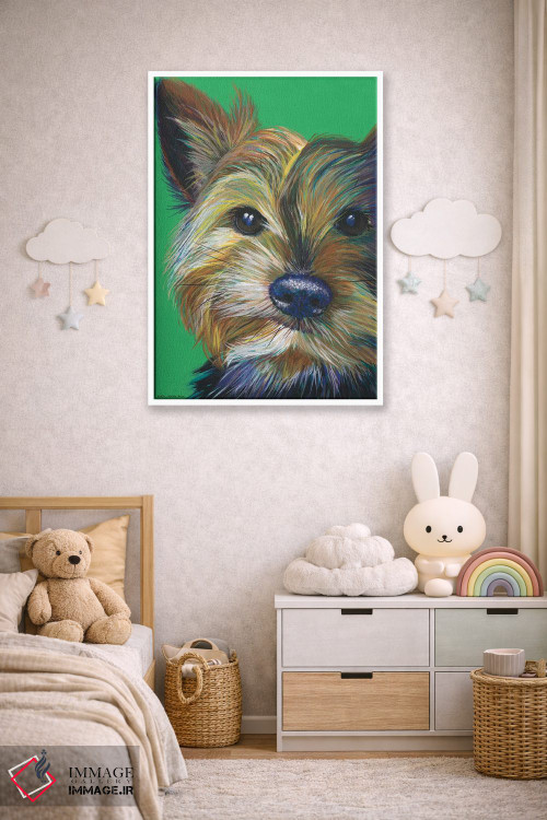 تابلو دکوراتیو یورکشایر تریر روی زمینه زمردی اثر کیرستین وود - D4W