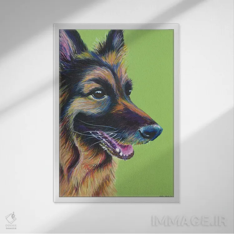 تابلو دکوراتیو ژرمن شپرد روی زمینه سبز لیمویی اثر کیرستین وود - نمای قابدار سفید