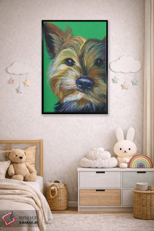 تابلو دکوراتیو یورکشایر تریر روی زمینه زمردی اثر کیرستین وود - D5B