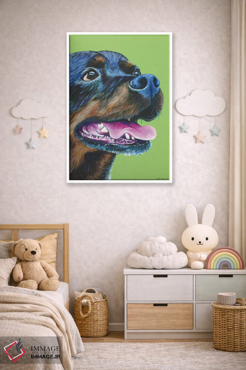 تابلو دکوراتیو روتوایلر روی زمینه سبز لیمویی اثر کیرستین وود - D4W